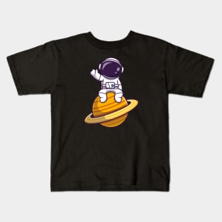 Cute Astronaut Sitting On Planet Waving Kids T-Shirt